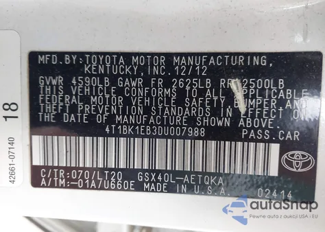 2013 Toyota Avalon Xle Touring from USA, damaged, VIN 4T1BK1EB3DU007988